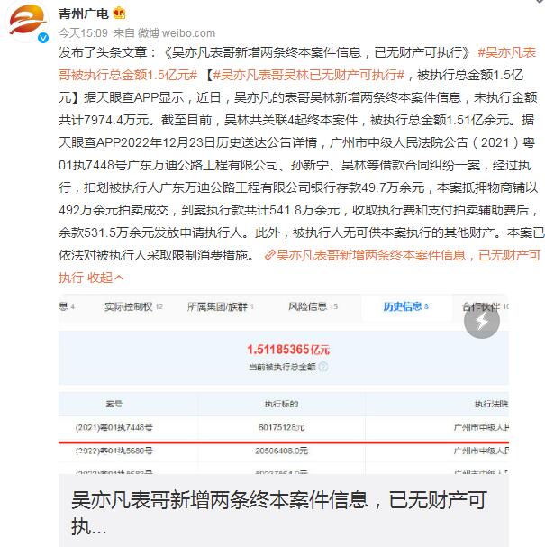 吴亦凡表哥被执行总金额1.5亿元 吴亦凡报出其他明星