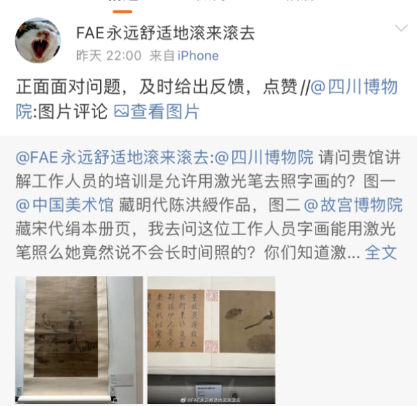 讲解员用激光笔照射古画，四川博物院致歉