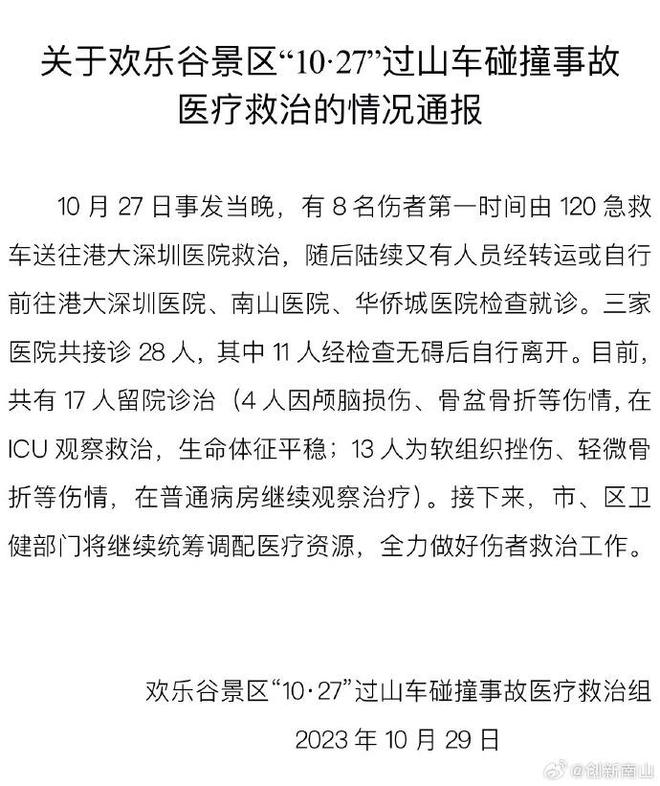 官方通报深圳欢乐谷过山车碰撞事故救治情况:目前17人留院诊治
