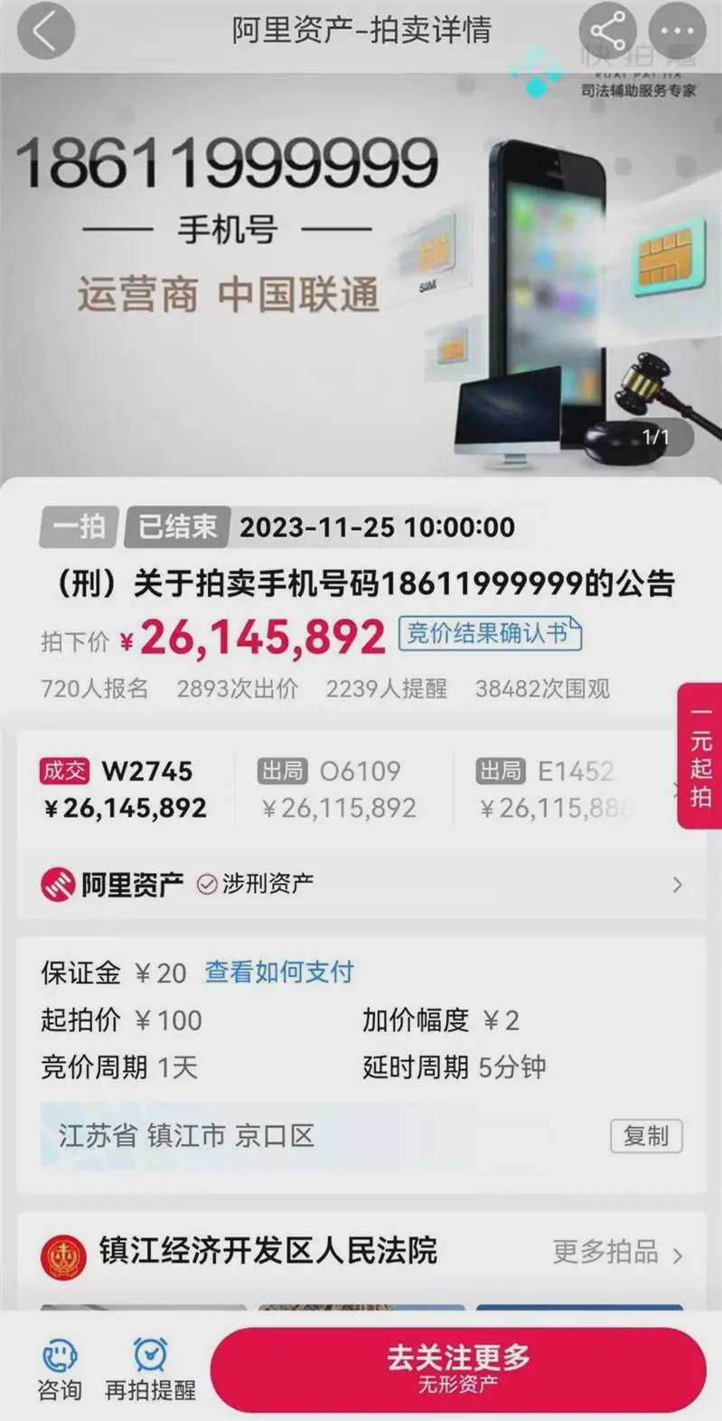 成交价2614万余元！江苏一尾号6个“9”的靓号拍出天价