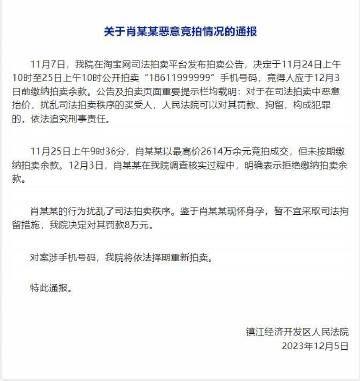 官方通报2614万恶意竞拍手机号详情：竞拍人为孕妇，罚款8万元